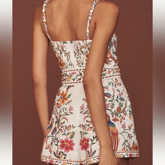 New FARM Rio Floral Sweetheart Neckline Belted Linen Romper - Picture 2 of 4